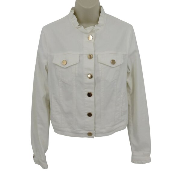 Draper James Women Small White Denim Jean Jacket Coat Ruffle Gold Button Pockets - Picture 1 of 14